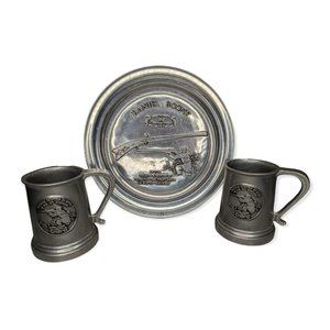 Vintage Pewter Plate & Mugs Featuring Daniel Boone & The Pennsylvania Rifle